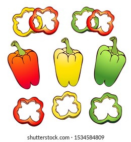 bell pepper or paprika with slices isolated on white background. collection of red, green and yellow pepper with slices. vintage hand drawn paprika icon. fresh farm product. vegetarian food sketch