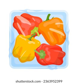 Bell pepper in plastic tray vector illustration. Cartoon isolated styrofoam box with clear transparent polythene wrap and set of red, yellow and orange paprika, container with disposable cover