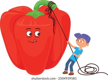 Bell pepper play with kid. Funny child vegetable