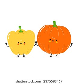Pelele pimienta y tarjeta de calabaza. Diseño de iconos de ilustración de caricaturas con estilo de doodle dibujado a mano por vectores. Tarjeta de concepto de amigos de la pimienta feliz de Bell y la calabaza