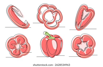Bell pepper red continuous one line drawing set isolated on a white background. Editable stroke. Outline pepper vegetable collections. Vector illustration