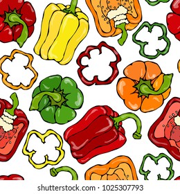 Bell Pepper Red Orange Yellow Green Vector Seamless Pattern. Sweet Paprika and Rings Cuts. Fresh Ripe Raw Vegetables. Healthy Vegan Cuisine. Vector Illustration Hand Draw. Savoyar Doodle Style.