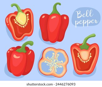 Bell pepper. Red sweet pepper. Half, whole and slice pepper. Vegetable, cooking ingredient. Illustration. 
