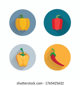 bell pepper red and yellow flat icon set with long shadow and red chili pepper