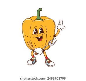 Bell pepper retro groovy barbeque grill character. Isolated cartoon vector ripe, yellow vegetable personage with bbq fork and cute face, exhibits playful and positive expression during barbecue party