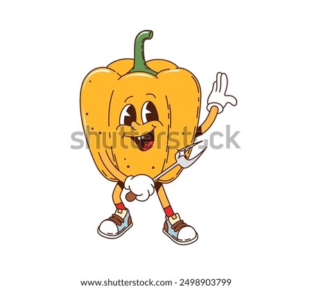 Bell pepper retro groovy barbeque grill character. Isolated cartoon vector ripe, yellow vegetable personage with bbq fork and cute face, exhibits playful and positive expression during barbecue party