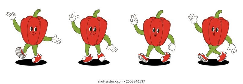 Bell pepper retro groovy style. Groovy retro characters of bell pepper.