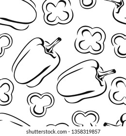 Bell pepper seamless black and white pattern. Vector monochrome illustration of paprika vegetable  in simple style.