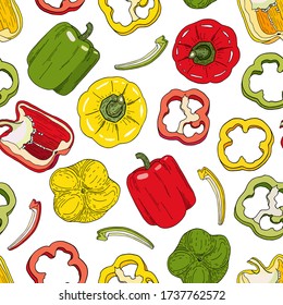 Bell pepper seamless pattern. Hand drawn red, green, yellow peppers vector illustration isolated on white background. Whole capsicum, halved pepper and slice. Design for kitchen textile, recipe book