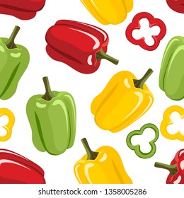 Bell pepper seamless pattern on white background. Yellow, green and red paprika, slices. Vector illustration of vegetables in cartoon simple flat style.