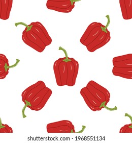 Bell pepper seamless pattern on white background. Yellow, green and red paprika, slices. Vector illustration of vegetables in cartoon simple flat style.