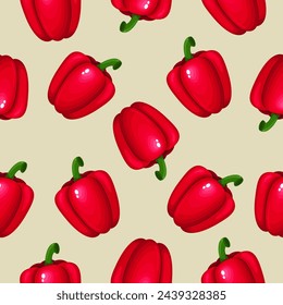 Bell pepper seamless pattern on a white background. Red bell pepper. Flat vector pepper seamless pattern. Decorative background with vegetables.