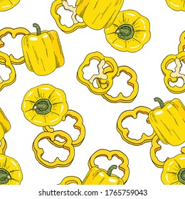 Bell pepper seamless pattern. Tasty yellow vegetables stock vector illustration. Hand drawn cartoon slices and whole peppers isolated on white. Texture design for menu, kitchen textile, decor
