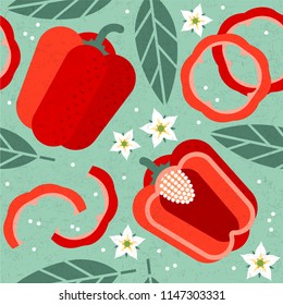 Bell pepper seamless pattern. Whole and sliced red peppers with leaves and flowers on shabby background. Original simple flat illustration. Shabby style.