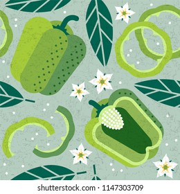 Bell pepper seamless pattern. Whole and sliced green pepper with leaves and flowers on shabby background. Original simple flat illustration. Shabby style.