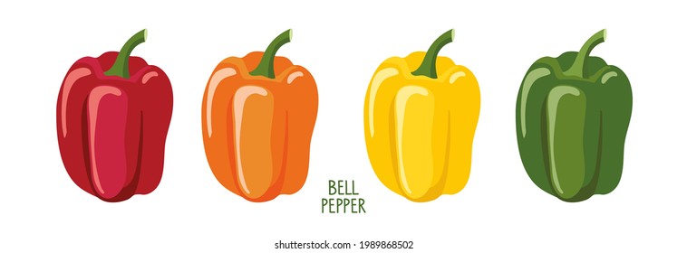 Bell pepper set. Different colors and varieties pepper. Fresh farm vegetables. Ingredients for cooking. Flat design style for menu, cafe, restaurant, poster, banner, emblem, sticker, recipe design.