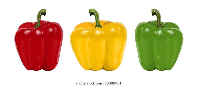 Bell pepper set. Red, green and yellow peppers on white background.