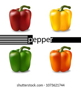 Bell pepper set in red, yellow, green, and orange. Realistic 3d pepper illustration. Vector.