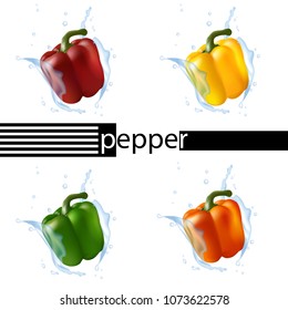 Bell pepper set in red, yellow, green, and orange. Water splashing. Realistic 3d pepper illustration. Vector.