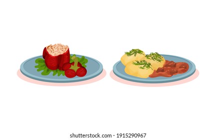 Bell Pepper Stuffed with Rice and Boiled Potatoes with Meat Gravy Vector Set