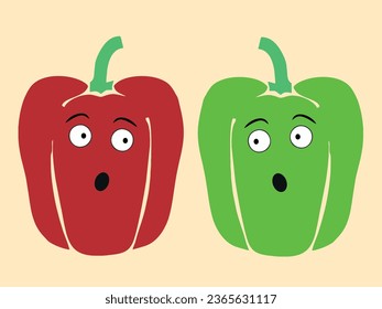 Bell pepper - two peppers are surprised. Cartoon peppers - green and red. Vector.