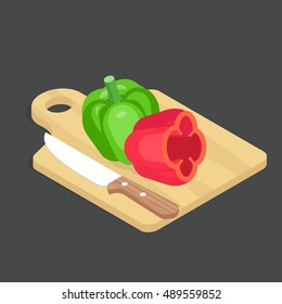 Bell pepper vector illustration. Isometric vegetable on the black background. Two peppers of different colors are on the cutting board. 