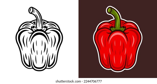 Bell pepper vector illustration in two styles black on white and colorful on dark background