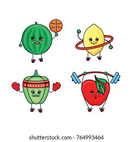 Bell pepper, watermelon, lemon and apple characters doing sport exercises, flat cartoon vector illustration isolated on white background. Funny pepper, watermelon, lemon and apple characters training
