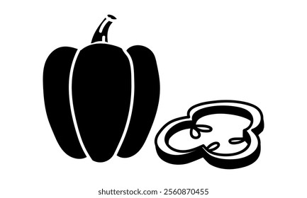 Bell pepper, whole and a slice. Paprika. Culinary seasonings and spices, hand-drawn. sketches in small details. black outline on a white background. illustration. Seasonings, spices, food additives