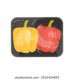 Pimentos Bell na bandeja de plástico preto, vista superior do pacote de isopor com filme envoltório ilustração vetorial