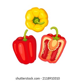 Bell peppers Icon. Whole red and yellow peppers and half a fresh pepper, a delicious vegetable. Icon, clipart for website, app about vegetarian food, restaurant, healthy eating, vegetable delivery.