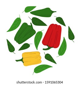 Bell peppers and leaves on a white background. Hand draw vegetable print. Vector illustration.