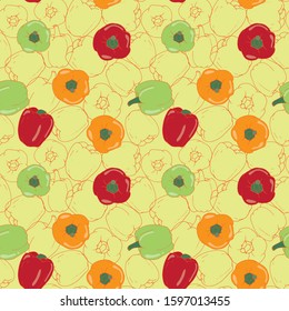 Bell peppers on yellow background seamless pattern