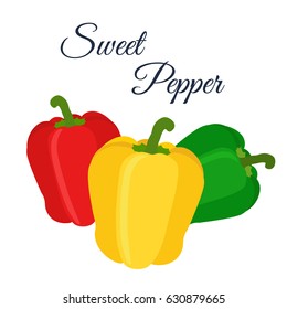 Bell peppers - red, green, yellow. Made in cartoon flat style. Fresh farm product.