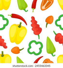 Bell peppers seamless pattern. Fresh red, yellow and green pepper. Paprika slices, raw vegetable preparation for cooking. Neoteric vector background