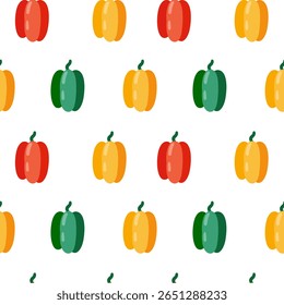 Bell peppers in three colors: red, yellow, green, seamless pattern. Simple shapes, hand-drawn illustration. For backgrounds, textile design, harvest concepts and organic healthy eating themes.