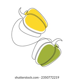 Bell peppers vector. Line continuous hand drawn illustration. Vegetable outline icon. Garden plant. Minimal linear silhouette. Graphic design, print, banner, card, brochure, sign, doodle, symbol.