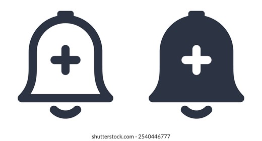 Bell with Plus or Add Notification simple icons set designed in filled, outline, line and stroke style