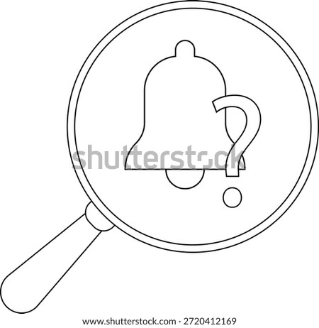 A bell with a question mark in a magnifying glass depicted in black and white lines