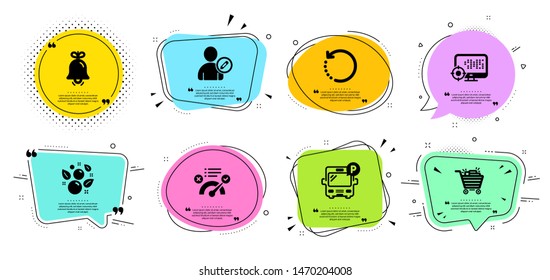 Bell, Recovery data and Correct answer line icons set. Chat bubbles with quotes. Edit user, Bus parking and Clean bubbles signs. Shopping cart, Seo symbols. Alarm signal, Backup info. Vector