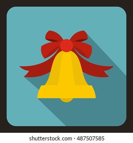 Bell with red bow icon in flat style with long shadow. Ring symbol vector illustration