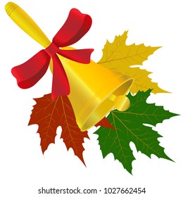 bell with red bow and maple leaves vector illustration on white background