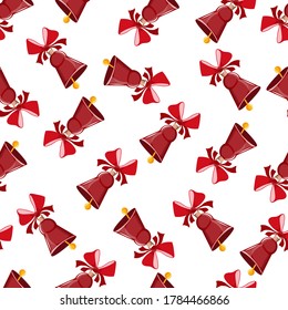 The bell is red with a red bow. On a white background. Seamless pattern. Suitable for printing on gift paper or as a separate design element. Great Christmas background.