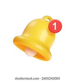 Bell with red message notification counter. One new message or event Instant email. Social media chat reminder. Cartoon icon for ui web design 3D Vector illustration