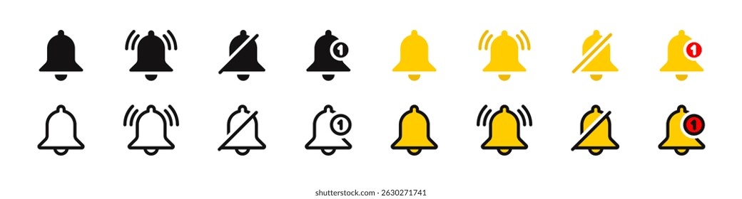 Bell reminder notification icon collection. Set of alert or alarm symbols.