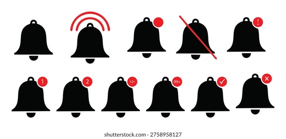 Bell reminder notification icon collection. Alert icon for incoming inbox message, ringing bell and notification number sign for alert and alarm.