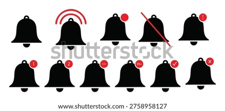 Bell reminder notification icon collection. Alert icon for incoming inbox message, ringing bell and notification number sign for alert and alarm.