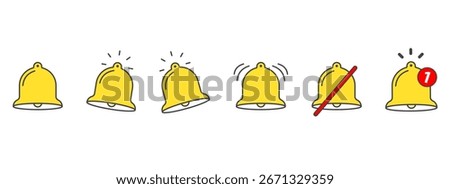 Bell reminder notification icons set, alert and message reminder symbols, ringing and mute notification bell for app, web, and user interface design, vector illustration.