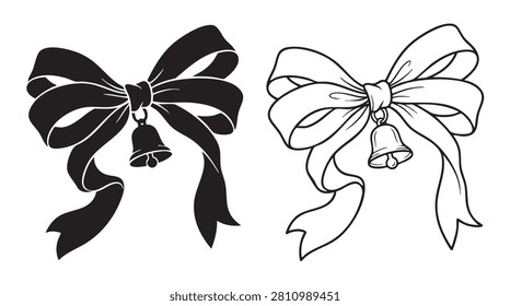 bell ribbon bow icon set with decorative bow and ribbon tails for holiday