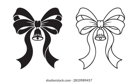 bell ribbon bow icon set with decorative bow and ribbon tails for holiday